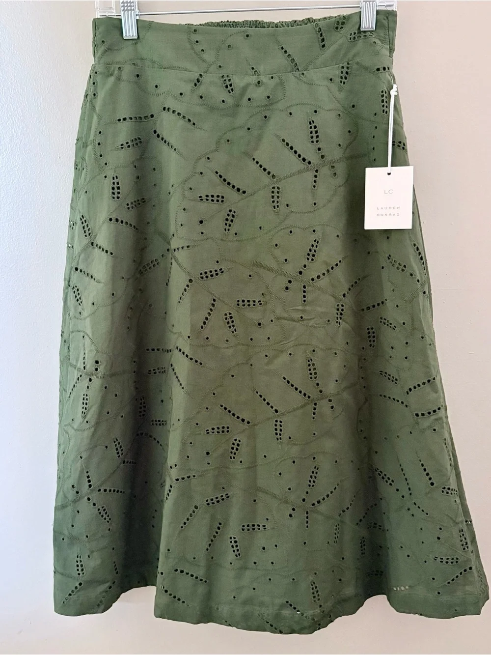 Cottagecore Olive Green Eyelet Midi Skirt NWT Size S